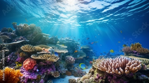 Submerged coral reef scene foundation within the profound blue sea with colorful angle and marine life