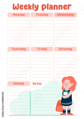 Children's weekly planner. A4 format. Vector illustration
