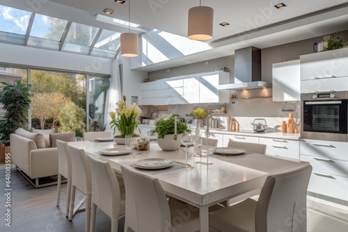 The interior of the white kitchen room is decorated in a modern home style with contemporary furniture. © Attasit