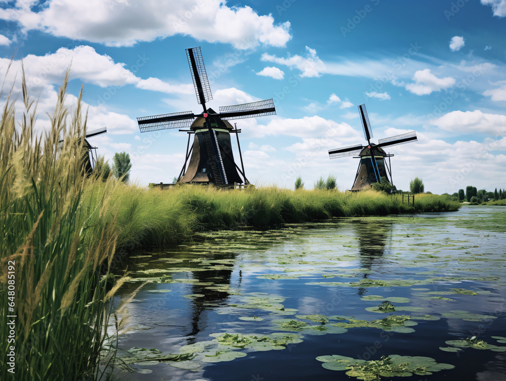 dutch windmill in the wind with pond