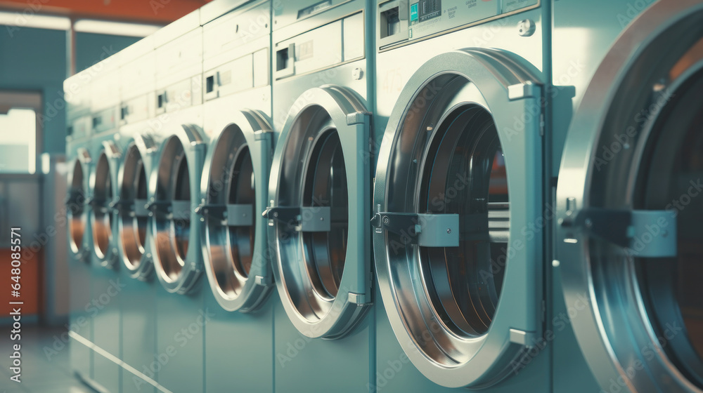 Cycle of Cleanliness: A Lineup of Industrial Washing Machines in a Laundromat, Balancing Hot and Cold Water, Ensuring Garments Stay Spotless and Stylish. Cycle of Cleanliness: A Lineup of Industrial Washing Machines in a Laundromat, Balancing Hot and Cold Water, Ensuring Garments Stay Spotless and Stylish.