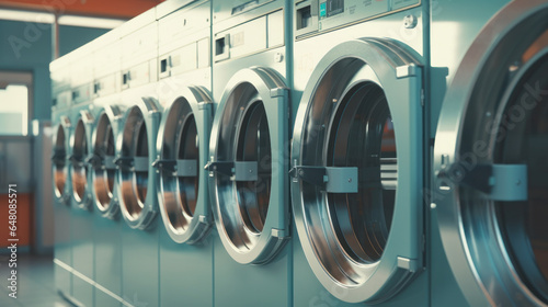 Cycle of Cleanliness: A Lineup of Industrial Washing Machines in a Laundromat, Balancing Hot and Cold Water, Ensuring Garments Stay Spotless and Stylish.