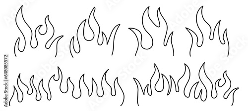 Retro vector set of Y2K Burning fire. Vector set of minimal linear illustrations - trendy abstract aesthetic tongues of flame, minimal tattoo compositions, prints and graphic design elements.