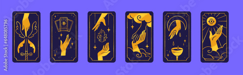 Esoteric card back with gold hands set. Dark tarot with mystic eyes, cups, pentacles, swords, different arcana. Astrology magic wallpaper. Occult art posters. Flat isolated vector illustration