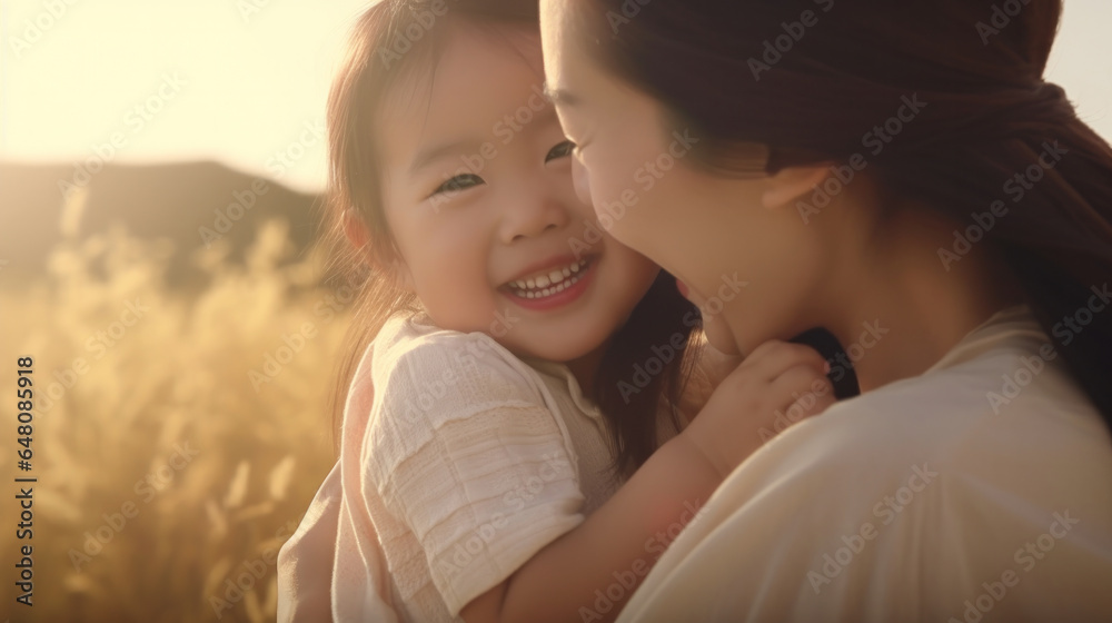 Pure Bliss: An Asian Mother, Overflowing with Love, Embraces Her Little Daughter in a Heartwarming Moment, Cherishing Precious Free Time Together in a Sunlit Field on a Sunny Day. Pure Bliss: An Asian Mother, Overflowing with Love, Embraces Her Little Daughter in a Heartwarming Moment, Cherishing Precious Free Time Together in a Sunlit Field on a Sunny Day.