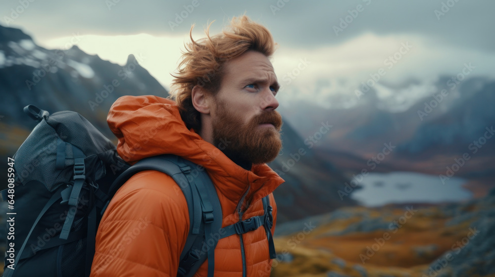 Handsome Bearded Nordic Red-Haired Man, Backpack-Clad, Embarking on a Mountain Hike, Scaling Toward the Majestic Summit in the Beautiful Mountain Landscape. Handsome Bearded Nordic Red-Haired Man, Backpack-Clad, Embarking on a Mountain Hike, Scaling Toward the Majestic Summit in the Beautiful Mountain Landscape.