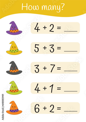 Halloween printable educational math worksheet. Mathematic activities for kids. Educational games for preschool kindergarten. Learning math pages. Halloween teacher resources. Counting, addition.