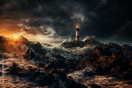 A majestic lighthouse on an imposing rock  bravely resisting the forces of the sea that incessantly crash against it.