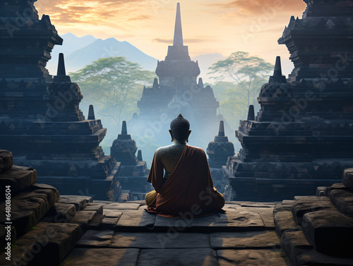 Fotografie, Obraz monk meditate Infront of Buddhist pagoda in temple