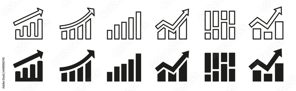Growth graph icon collection. Growing up symbols. Business chart with arrow. Growth chart, profit, growth success symbol set Growth graph icon collection. Growing up symbols. Business chart with arrow. Growth chart, profit, growth success symbol set