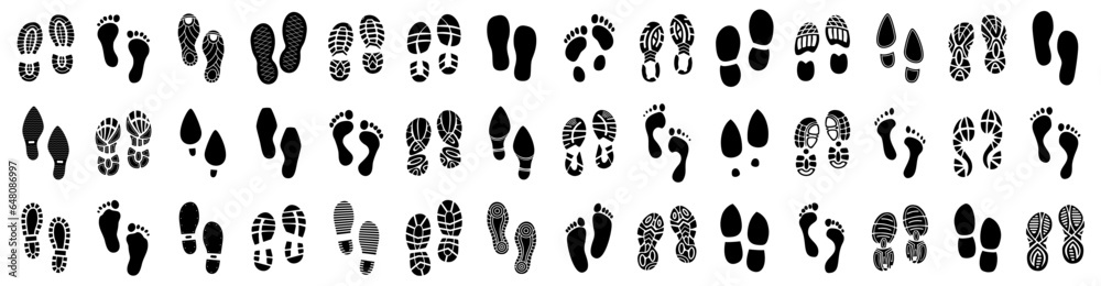 Set of human footprints icon. Foot imprint, footsteps icon collection. Human footprints silhouette. Barefoot, sneaker and shoes footstep icons - obrazy, fototapety, plakaty 