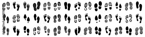 Set of human footprints icon. Foot imprint, footsteps icon collection. Human footprints silhouette. Barefoot, sneaker and shoes footstep icons