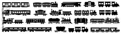 Freight train with locomotive, passenger train icons collection. Black silhouette of freight trains collection. Set of railway transport. Black wagon and locomotive