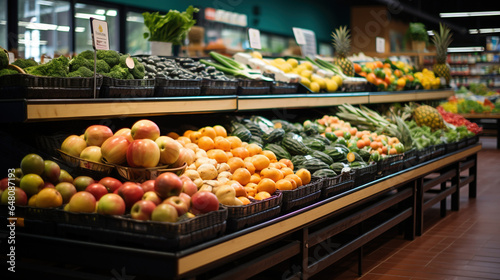 wide angle view of supermarket store interior with fresh fruits and vegetables on display, photo