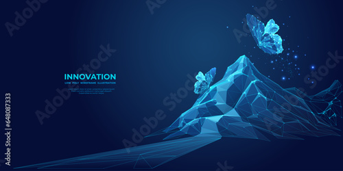 Abstract butterflies fly over digital mountains. Business success concept. Technology innovation metaphor. Futuristic low poly wireframe vector illustration on a dark blue background. Way to the top.