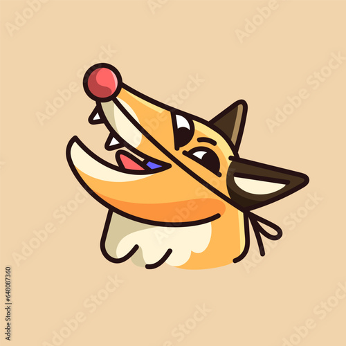 Laughing animal face. Merry ginger fox muzzle, fluffy forest foxy with clown nose, funny joker, cute wild character. Sticker with positive emotion and expression. Flat isolated vector illustration