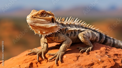 a bearded dragon perched on a rocky outcrop in a desert landscape  its spiky appearance contrasting with the barren terrain