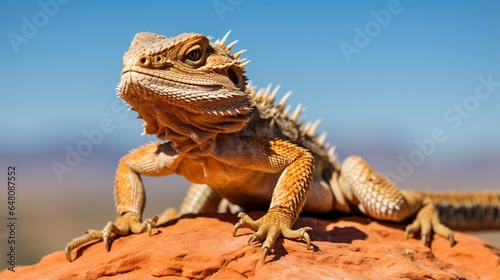 a bearded dragon perched on a rocky outcrop in a desert landscape, its spiky appearance contrasting with the barren terrain © ishtiaaq