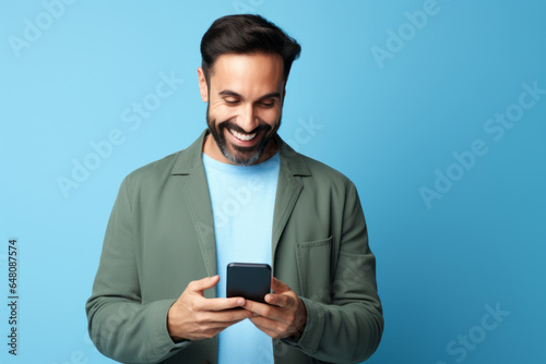 man with phone on blue background. © Volodymyr