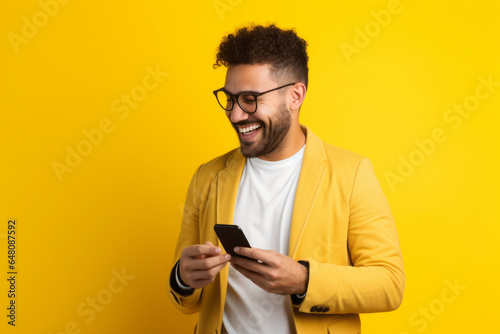 man with phone on yellow background.