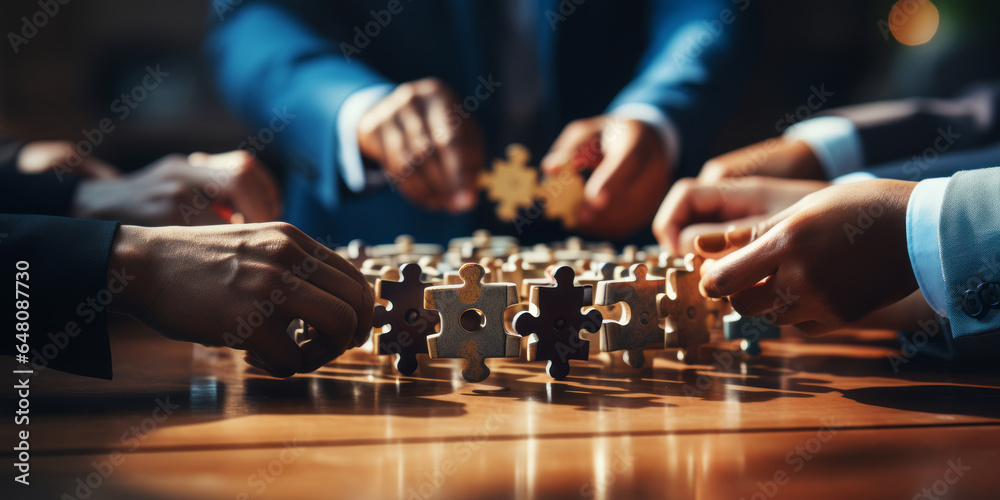 Businessman hold jigsaw puzzle pieces with teamwork icon. - obrazy, fototapety, plakaty 
