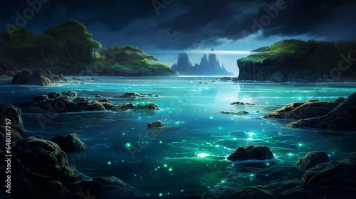 a bioluminescent bay at night, where protists emit ethereal glows, painting the water with light