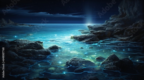 a bioluminescent bay at night  where protists emit ethereal glows  painting the water with light