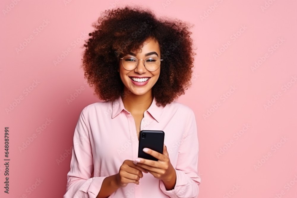 Black woman with phone on studio background . Black woman with phone on studio background .