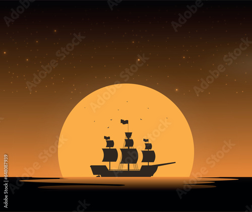 Ship in the night vector, flat illustration