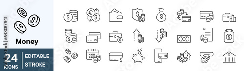 set of 24 line web icons Money and Coins. Piggy Bank, Cash, Credit Cards, Money Bag, Currency Exchange, Coins and Paper Bills and others. Editable stroke.