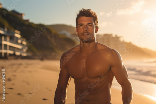 Charming guy on a beach golden hour