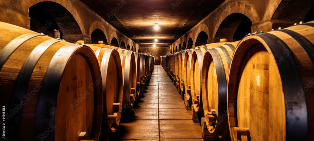 Oak wine barrels in old dark wine cellar Stacks of cognac, brandy, beer, whiskey barrels are made in a warehouse, An underground cellar for the wine aging process. Perfect for deliciously aging wine