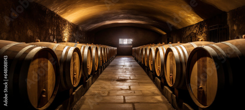 Oak wine barrels in old dark wine cellar Stacks of cognac  brandy  beer  whiskey barrels are made in a warehouse  An underground cellar for the wine aging process. Perfect for deliciously aging wine