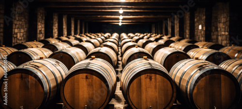 Oak wine barrels in old dark wine cellar Stacks of cognac, brandy, beer, whiskey barrels are made in a warehouse, An underground cellar for the wine aging process. Perfect for deliciously aging wine