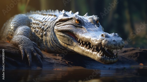 a caiman crocodile basking on a sunlit riverbank  with its armored skin and rugged appearance in focus