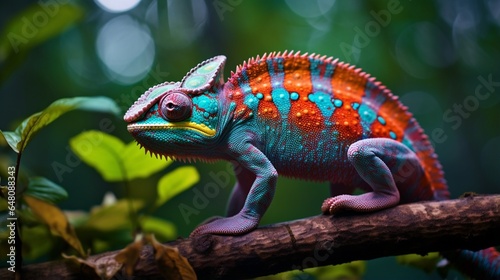 a chameleon mid-color change, transitioning between vibrant hues as it adapts to its surroundings in a Madagascar forest © ishtiaaq