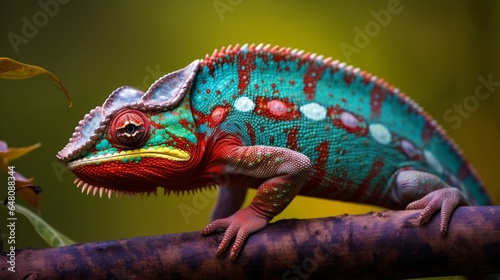 a chameleon mid-color change, transitioning between vibrant hues as it adapts to its surroundings in a Madagascar forest