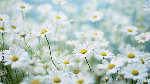a chamomile meadow, with delicate white flowers swaying in a gentle breeze, invoking a sense of peace and tranquility