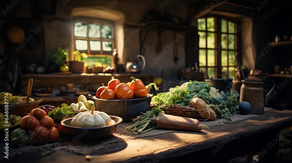 a cozy, countryside kitchen with a rustic table adorned with freshly picked vegetables, awaiting preparation for a meal