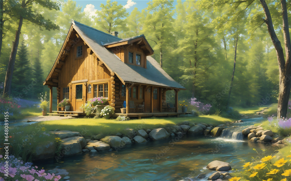Obraz premium A painting of a House in the woods. Beautiful picture of house and water lake.
