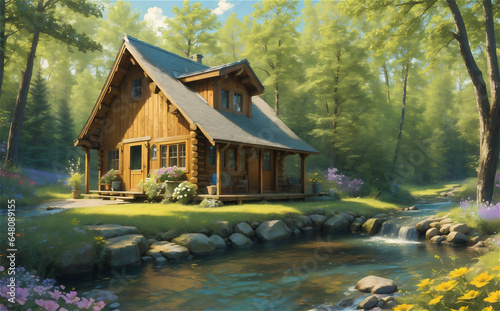 A painting of a House in the woods. Beautiful picture of house and water lake.
