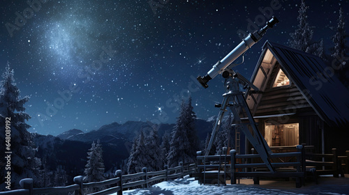winter mountain landscape with telescope