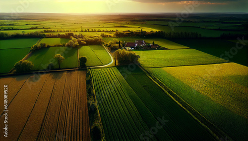 Aerial view of a rural landscape with green fields and plants and agricultural farm land of natural background, Ai generated image