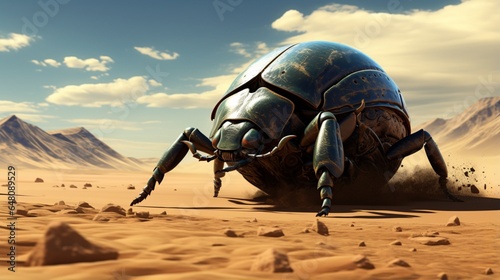 a dung beetle diligently rolling a ball of dung across the sandy terrain, demonstrating its remarkable strength and determination