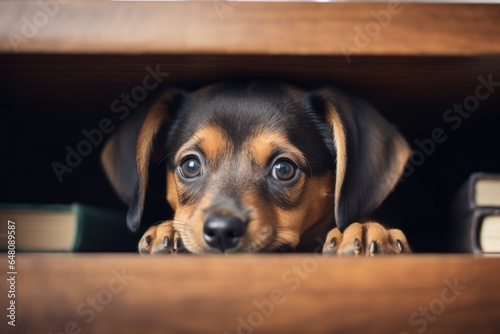 cute little puppy hides in a shelf cozy home