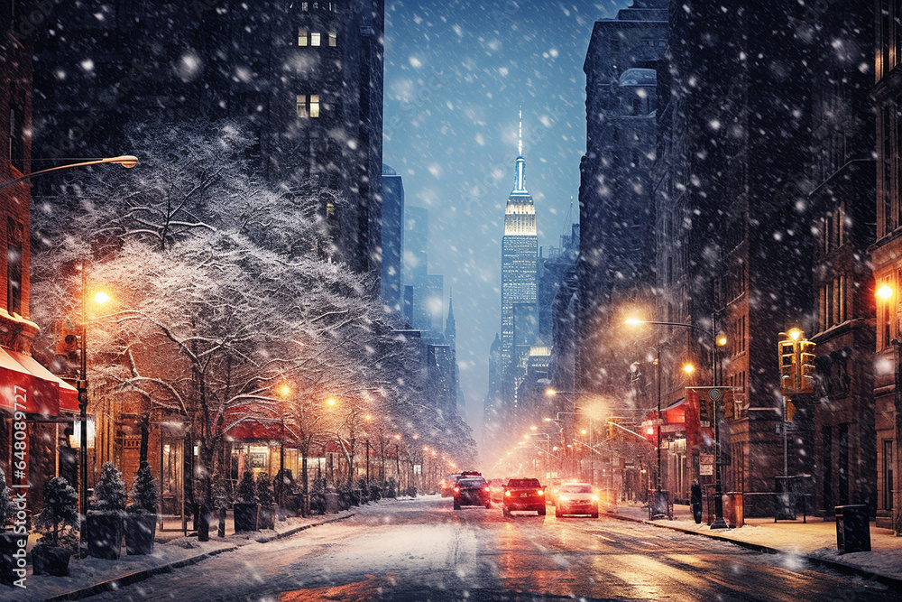 Beautiful blurred winter street in the city. Snowfall. Abstract christmas defocused background