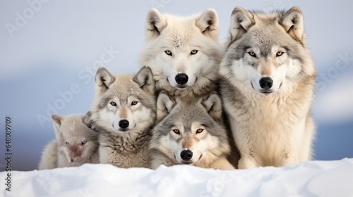 a family of wolves on a snowy tundra, emphasizing their strong social bonds © ishtiaaq