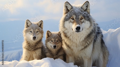 a family of wolves on a snowy tundra, emphasizing their strong social bonds