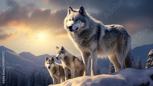 a family of wolves on a snowy tundra, emphasizing their strong social bonds