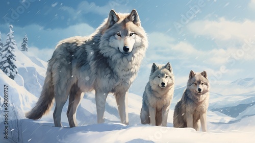 a family of wolves on a snowy tundra  emphasizing their strong social bonds